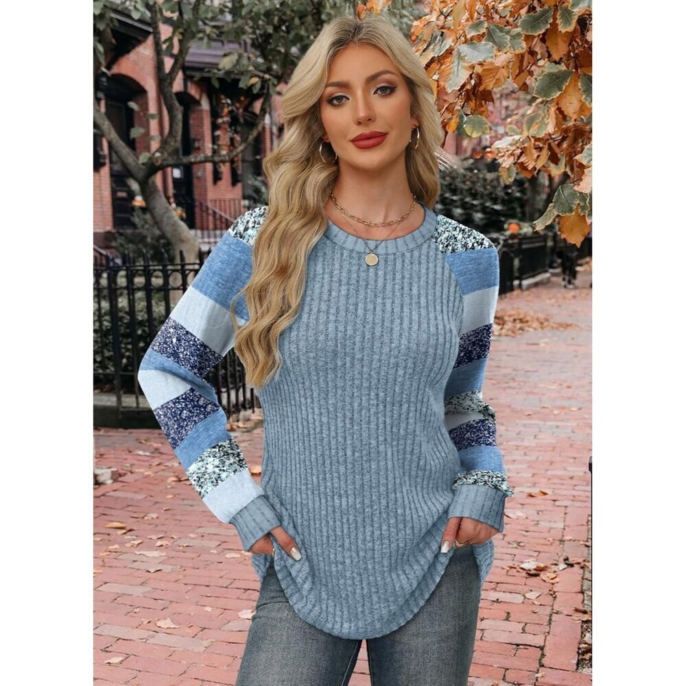 Women's sky Blue Stripes Color Block Long Sleeve Shirt Lightweight Sweater - Picture 3 of 5